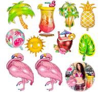Tropical Beach Party Decorations - 10pcs Foil Balloons Set with Flamingo, Pineapple, Palm Tree and Sun Designs for Summer, Luau, Tiki, Pool and Birthday Parties
