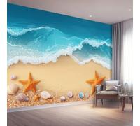 Tropical Beach Photo Wallpaper, 3D Waves Seashell Poster Wall Mural Covering, Blue Large Modern Mural Wallpaper for Bedroom Living Room Dormitory Hotel Decoration, 300x210 cm (WxH)
