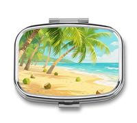 Tropical Beach Pill Box Travel Pill Organizer with 2 Weekly Pill Compartments with Mirror, One Day Medicine Container, Medication Organizer for Purse