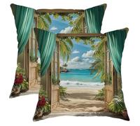 Tropical Beach Pillow Covers Set of 2, Aqua Blue Ocean View Throw Pillow Cases, Summer Decorative Square Cushion Covers for Home Sofa Bed Couch 18x18 Inch