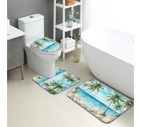 Tropical Beach Quick Dry Bath Mat, Palm Trees Ocean Shells Absorbent Non Slip Shower Mat, Summer Coastal Washable Bath Rugs for Bathroom Toilet Restroom Decorative 3 Piece Sets
