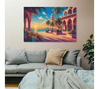 Tropical Beach Resort Illustration Printed Canvas Art, Bedroom Wall Decor | A practical wall art print choice for beside shelving; it helps complete the room for year-round display