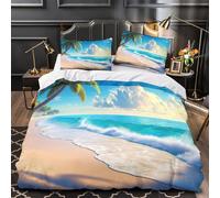 Tropical beach scene 3D Pattern Duvet Cover 3pcs Microfibre Breathable Kids Room Sunlit coastal paradise Comforter Cover 2 Matching Pillowcases Zipper Closure Bedding Kids Girls Single（140x200cm）