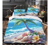 Tropical beach scene 3D Pattern Duvet Cover Set 3pcs Microfibre Lightweight Concealed Cartoon island paradise Duvet Insert Cover 2 Pillowcases Skin-Friendly Home Decor Kids & Girls Double（200x200cm）