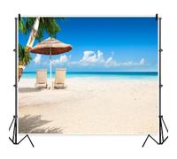 Tropical Beach Scene Backdrop Island White Sand Blue Sea Sky Luau Party Decorations Summer Trees Lounge Chairs Umbrellas Hawaiian Beach Party Decorations Photography Background Banner 10x8ft Vinyl