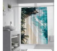 Tropical Beach Scene Shower Curtain Palm Trees Silhouette and Ocean Waves Bath Curtain Turquoise Shower Curtains for Summer Bathroom 200 x 200 cm
