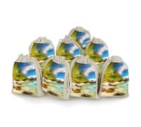Tropical Beach Scenery Bunches Pocket Cotton And Hemp with Drawstring 8 Pieces Reusable Gift Bags Jewelry Pouch for Wedding DIY Craft Party (4.9 X 6.7 Inch)
