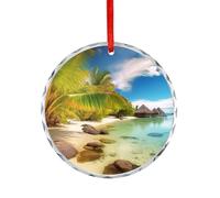 Tropical Beach Scenery Glass Circular Pendant Personalization Christmas Tree Hanging Ornaments Funny Round Glass Hanging Pendants Holiday Decor for Party Xmas Wedding