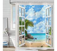 Tropical Beach Shower Curtain 180x220, Hnmdmyi Ocean Island Hawaiian Palm Tree Through White Wooden Windows Seaside Nature Scenery Bathroom Curtains Waterproof Fabric Washable Bath Curtains with Hooks