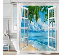 Tropical Beach Shower Curtain 180x220, Hnmdmyi Ocean Island Hawaiian Palm Tree Through White Wooden Windows Seaside Nature Scenery Bathroom Curtains Waterproof Fabric Washable Bath Curtains with Hooks
