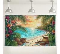 Tropical Beach Sunset Backdrop, Colorful Floral Jungle Decor Background, Ocean View Photography Prop for Summer Party and Events 71x43 Inch