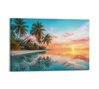 Tropical Beach Sunset Palm Tree Canvas Wall Art Poster Ocean Coastal Paradise Landscape Wall Decor for Living Room Bedroom Home 20x30inch