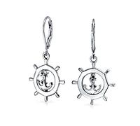 Tropical Beach Vacation Honeymoon Simple Nautical Boat Ship Wheel Anchor Lever Back Dangle Earrings For Women Teen .925 Sterling Silver