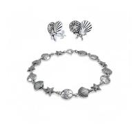 Tropical Beach Vacation Multi Charm Sand Dollar Starfish Seashell Link Bracelet & Stud Earrings Jewelry Set for Women Teens Oxidized .925 Sterling Silver