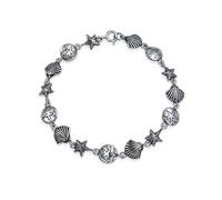 Tropical Beach Vacation Nautical Multi Charm Sand Dollar Sea Shell Starfish Link Bracelet For Women Teen Oxidized .925 Sterling Silver 7.5 Inch