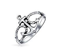 Tropical Beach Vacation Sailor Boat Nautical Sea Lover Ocean Rope Open Mariners Anchor Band Ring For Women Teen Oxidized 925 Sterling Silver