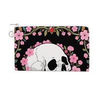 Tropical Beach Wallet for Men Women Canvas Coin Purse Zippered Change Holder with Secure Closure, White Skull & Pink Cherry Blossoms, One Size, White Skull & Pink Cherry Blossoms