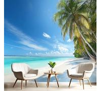 Tropical Beach Wallpaper 150×105 Cm, Coconut Trees On The Beachwallpaper for Living Room, Kitchen, Bedroom, Restaurant Sky Blue Silk Cloth Wall Paper
