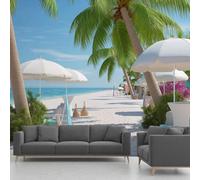 Tropical Beach Wallpaper, Hawaiian Palm Tree Seascape Mural, Panoramic Wall Paper for Bedroom Living Room Hallway Restaurant Home Decoration - 390x260 cm Wall Mural