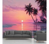 Tropical Beach Wallpaper, Sunset Palm Tree Seascape Panoramic Mural, Wall Paper for Bedroom Living Room Hallway Restaurant Home Decoration - 350x256 cm Wall Mural