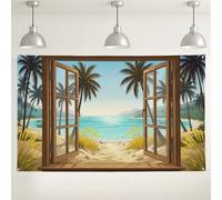 Tropical Beach Window Backdrop, Scenic Nature Photography Background, Summer Ocean View Party Decorations, Indoor/Outdoor Photo Booth Supplies 71x43 Inch