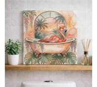 Tropical Bird Bath Canvas Wall Art, Peach Tropical Botanical Poster Prints, Summer Aesthetic Decor for Living Room, Bedroom, Bathroom, Spa, Wrapped Canvas 12x12 Inch