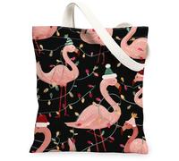 Tropical Bird Canvas Tote Bags, Holiday Bird Pattern Reusable Grocery Bags, Winter Fun Lightweight Washable Shoulder Strap, Peach, 13x15 Inch