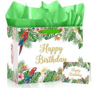 Tropical Bird Gift Bag Parrot Theme Happy Birthday Gift Bag with Greeting Card and Tissue Paper for Luau Party, Hawaiian Floral Party Supplies, Summer Safari Animal Birthday Paper Gift Wrap Bag
