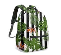 Tropical Bird of Paradise Black and White Stripes Floral Backpack, 40cm Graphic School Bag, Exotic Leaf Vibrant Decorative Travel Rucksack (01)
