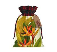 Tropical Bird Of Paradise Print Christmas Drawstring Gift Bags | Reusable Sturdy Linen Fabric, Plaid Ribbon Closure, With Kraft Gift Tag, Holiday Party Favor Bags For Candy Treats