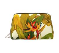 Tropical Bird of Paradise Print Premium Leather Toiletry Travel Pouch with Waterproof Portable Pouch Open Flat Makeup Bag