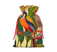 Tropical Bird of Paradise Printed Christmas Drawstring Bags for Party Xmas Gift Wrapping, Red Christmas Ribbon, S