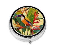 Tropical Bird of Paradise Printed Round Pill Organizer with 3 Compartments, Portable Mini Pill Box Pill Case for Medicine, Vitamin, Fish Oil, Supplements