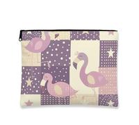 Tropical Bird Patchwork Makeup Bag, Playful Vintage Cosmetic Travel Pouch for Women, Portable Small Canvas Zipper Organizer, Summer Skincare Toiletry Bag, Peach, 7x9 Inch, Tropical Bird