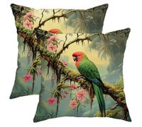 Tropical Bird Pillow Covers Set of 2, Vivid Green and Red Parrot Throw Pillows, Summer Decorative Square Cushion Covers for Home Couch Garden Decor 18x18 Inch
