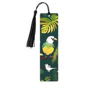 Tropical Birds and Plant Leaf 5 Pc Artistic Bookmark Set for Women, Tassel Wooden Bookmarks Study Supplies