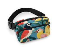 Tropical Birds And Plant Leaf Fanny Pack for Women Men Waist Bag Belt Bag Adjustable Casual Bag for Travel Sports Hiking, white, 7.9x5.1inches