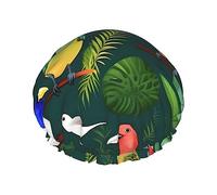 Tropical Birds And Plant Leaf Reusable Shower Cap,Double Layer Water Shower Non Wetting Hair Cap,Large Size For All Hair Lengths