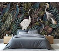 Tropical Birds Mural Peacock Cranes Herons Wallpaper Murals Botanical Wallpaper Dark Foliage Leaf Bedroom Wall Paper for Office Living Room Bedroom Sofa TV Background Large Wall Mural Poster