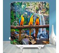 Tropical Birds Parrot Shower Curtain Nature Forest Waterfall Colorful Bird on The Branch Natural Landscape Fabric Bathroom Decor Curtain Sets with 12 Hooks,71X71 Inchs,Green Yellow