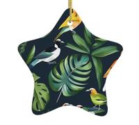 Tropical Birds Plant Leaf Print Christmas Ornaments, Ceramic Hanging Ornament, Round Shape Decorations