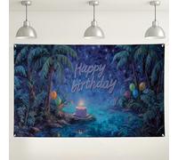 Tropical Birthday Party Backdrop, Colorful Jungle Landscape for Photo Booth Decorations, Cerulean Night Scene Background for Summer Celebrations 71x43 Inch