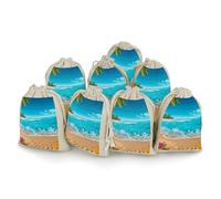 Tropical Blue Sea Beach Bunches Pocket Cotton And Hemp with Drawstring 8 Pieces Reusable Gift Bags Jewelry Pouch for Wedding DIY Craft Party (4.9 X 6.7 Inch)