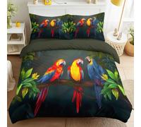 Tropical Botanical Duvet Cover Set 200 x 200 cm Dark Green Double - Reversible Parrot Tree Leaves 4 Piece Complete Bedding Set with Fitted Sheet Pillowcase - Soft Easy Care Microfibre Quilt Cover set