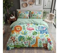 tropical branches Super King Size Duvet Cover Set - mint green Bedding Set|Soft Modern grassland animals lions giraffes Bedding for Master Bedroom- 260x220cm Bed Cover & 2x 50x75cm Pillow Cases