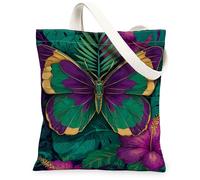 Tropical Butterfly Canvas Tote Bags, Floral Plant Pattern Reusable Grocery Bags, Vintage Lightweight Washable Shoulder Stra, Green, 13x15 Inch