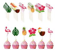 Tropical Cake Decorations 72 Pieces - Hawaiian Theme Embellishment for Cakes and Cupcakes - Flamingo, Pineapple, Palm Leaves and More - Perfect for Parties and Events - Non-Edible