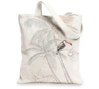 Tropical Canvas Tote Bags, Eco-Friendly Palm Tree and Bird Pattern Reusable Shopping Bags, Stylish Lightweight Washable Sho, White, 13x15 Inch