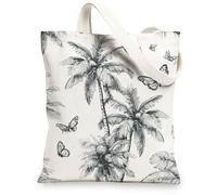Tropical Canvas Tote Bags, Palm Tree and Butterfly Pattern Reusable Bags, Modern Lightweight Washable Shoulder Strap Canvas, White, 13x15 Inch