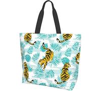 Tropical Cartoon Lion in The Jungle Palm Leaves Tote Bag Large Casual Women Shoulder Handbags Reusable Grocery Bags for Work Shopping Travel Beach